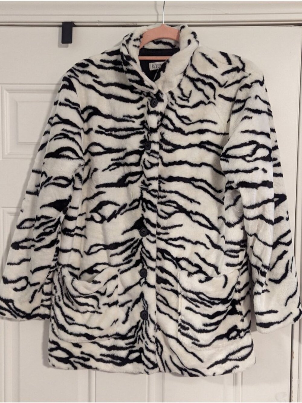 Karen Kane Zebra Print Faux Fur Coat Button Front Medium Made In USA
